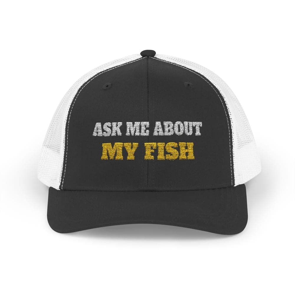 Ask Me About My Fish Embroidered Fishing Trucker Hat mockup