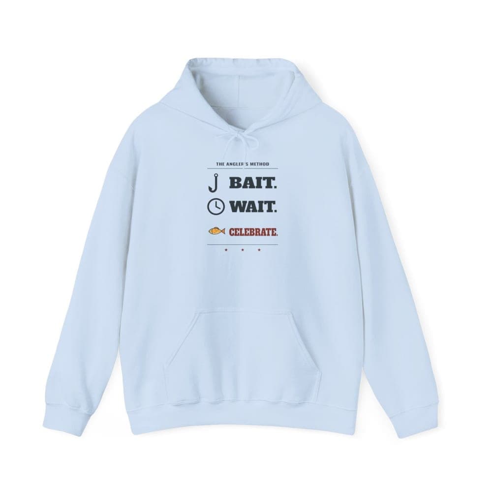 Bait. Wait. Celebrate. fishing hoodie in light blue