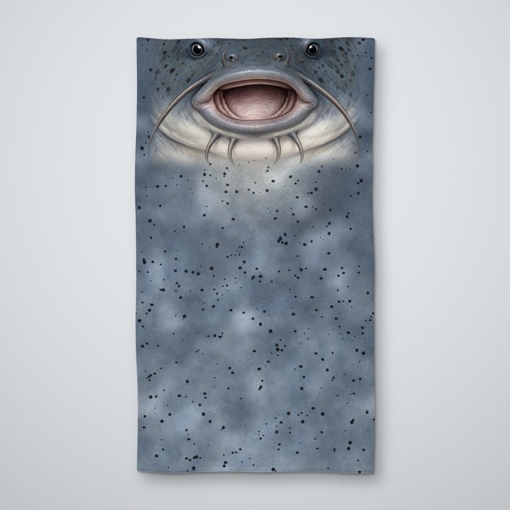 Channel Catfish Face neck gaiter in catfish gray, front panel, laid flat