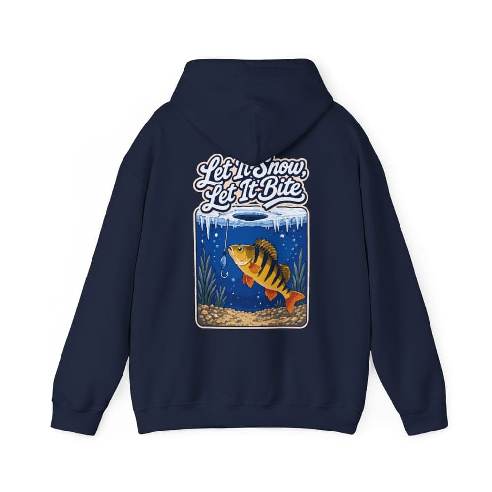 Let It Snow, Let It Bite Yellow Perch Hoodie in Navy, back view