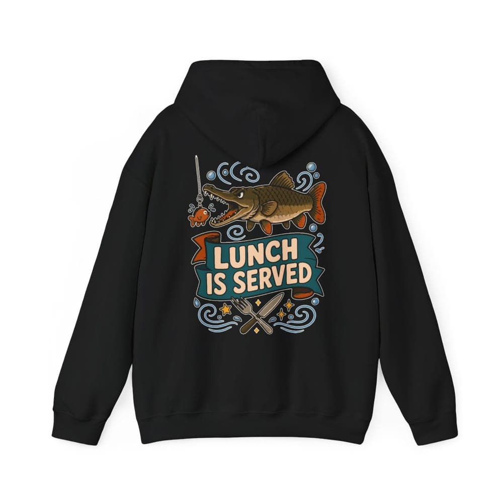 Lunch Is Served Alligator Gar Hoodie in Black, back view
