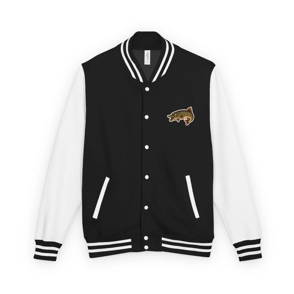 Mean Streak letterman jacket in jet black / arctic white, front view with chest patch