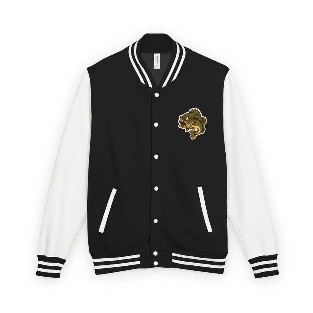 Rip Lips letterman jacket in jet black / arctic white, front view with chest patch