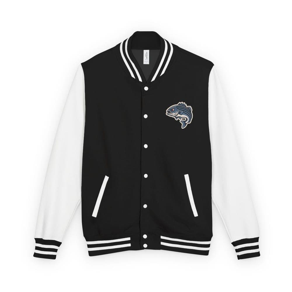 Salt in the Veins letterman jacket in jet black / arctic white, front view with chest patch