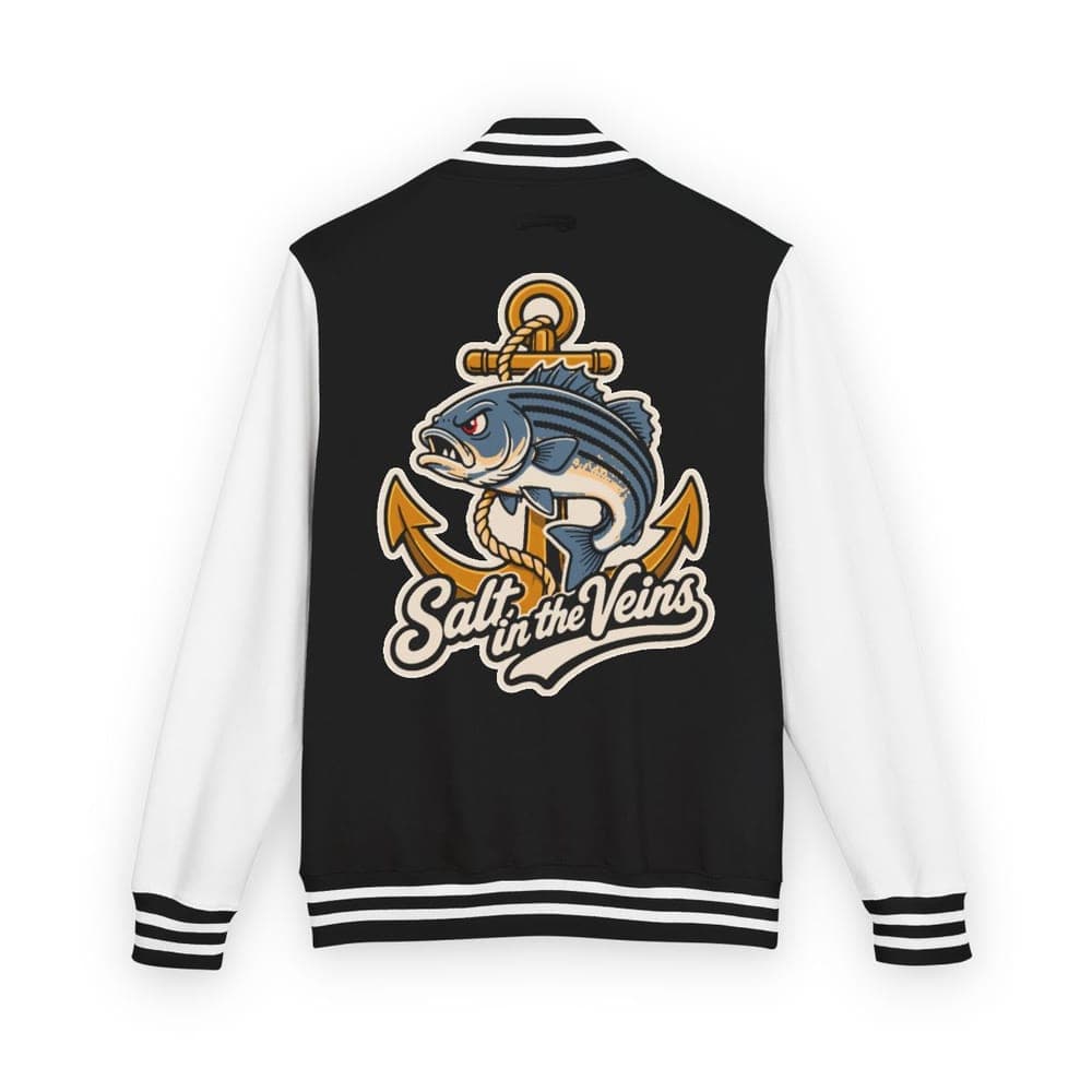 Salt in the Veins Striped Bass Letterman Jacket mockup