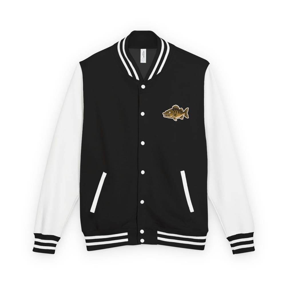 Eye for an Eye letterman jacket in jet black / arctic white, front view with chest patch