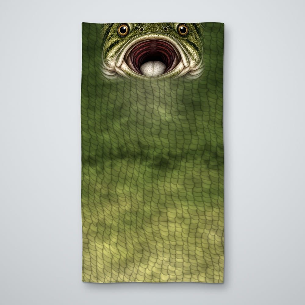 Largemouth Bass Face neck gaiter in bass green, front panel, laid flat