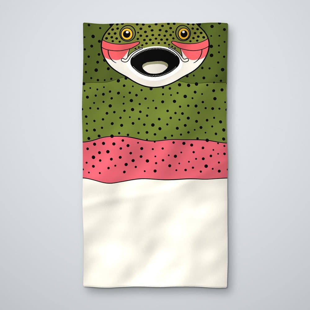 Rainbow Trout Face neck gaiter in rainbow, front panel, laid flat