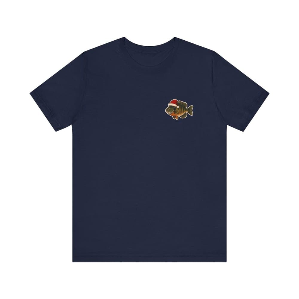 Santa's Little Angler tee in navy, front view with small left-chest print