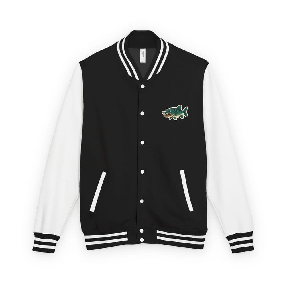 Show No Mercy letterman jacket in jet black / arctic white, front view with chest patch