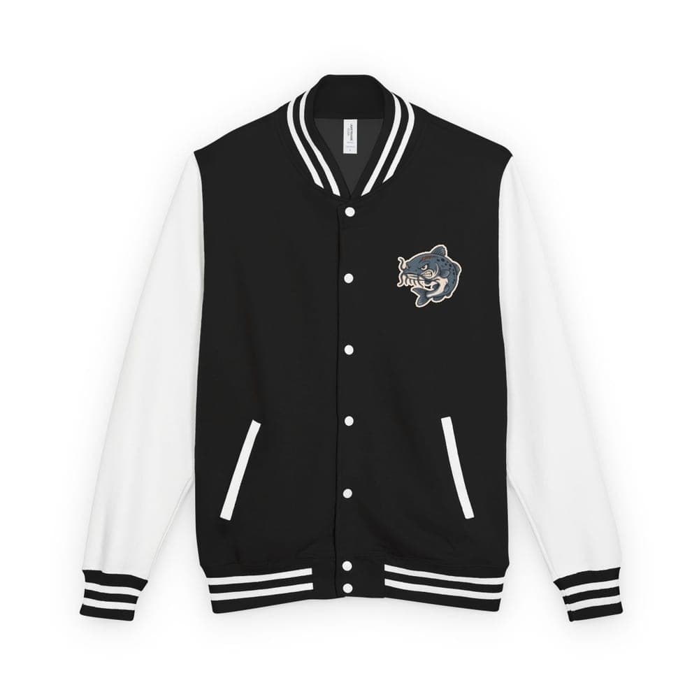Take No Prisoners letterman jacket in jet black / arctic white, front view with chest patch